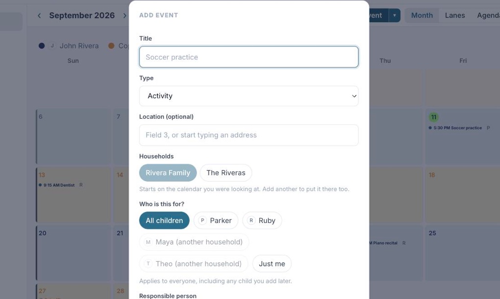 The new event form, with the children it is for, a location, and start and end times