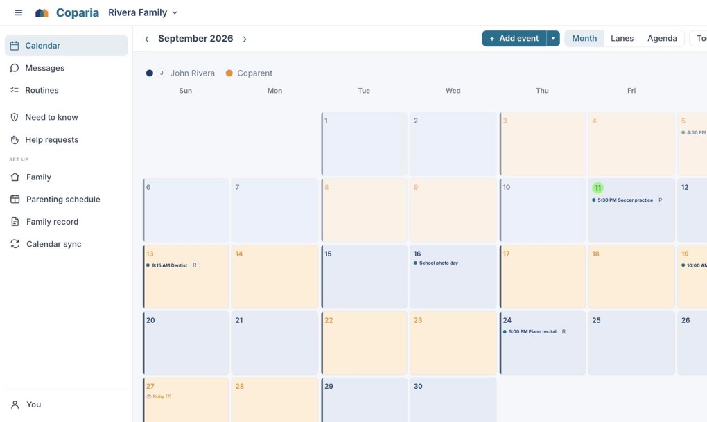 A month of the shared calendar, each day colored by which home the children are in
