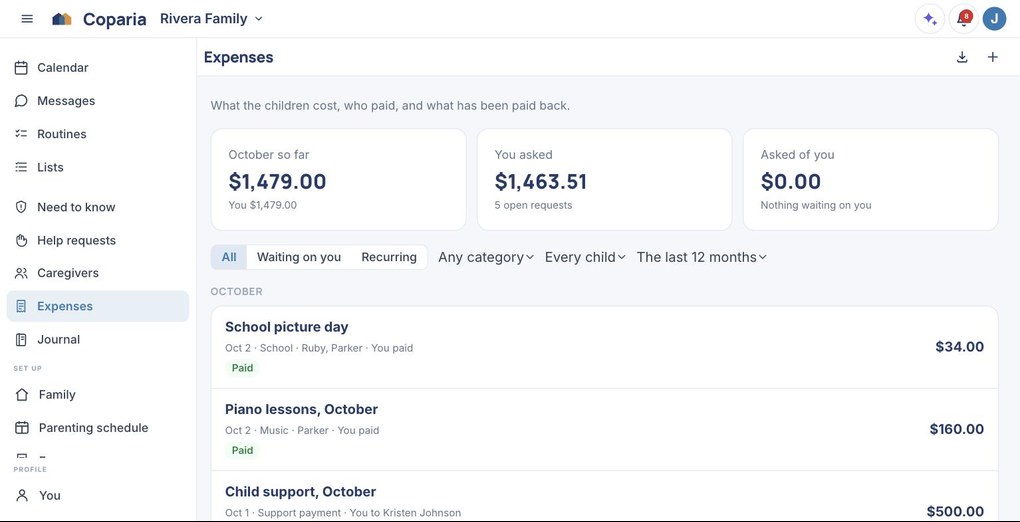 The Expenses page: this month's total, what you asked the other parent for, and a list of expenses with who paid