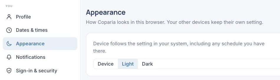 Appearance in the list of settings, with Device, Light and Dark side by side