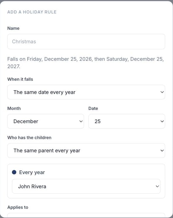 The holiday rule form: a name, when it falls, and who has the children that day