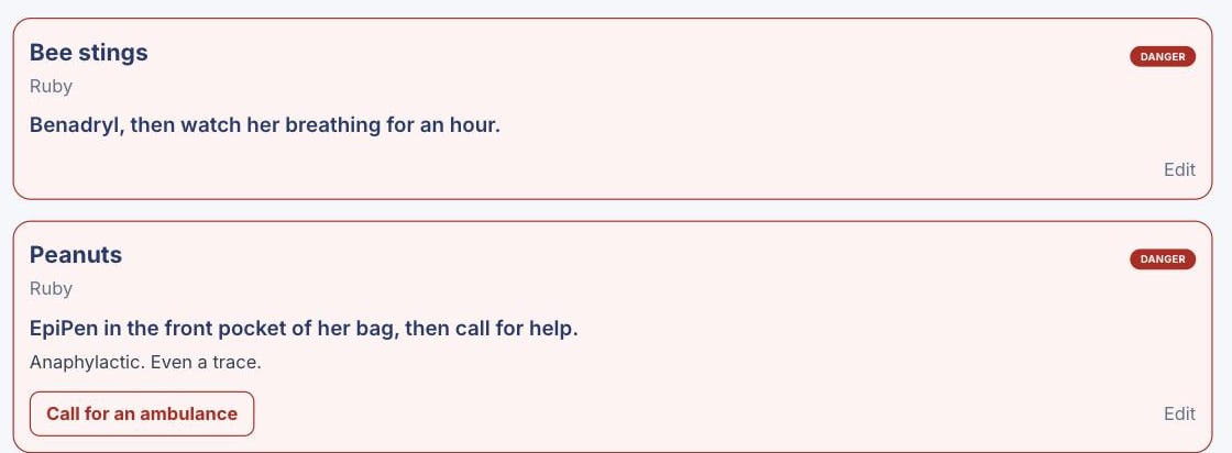 Two entries marked Danger, each saying what to do, with a button to call for an ambulance