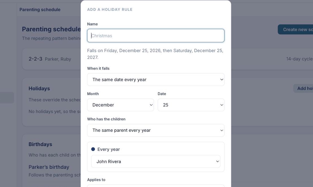 Adding a holiday rule, with the name completing from a catalogue of common holidays
