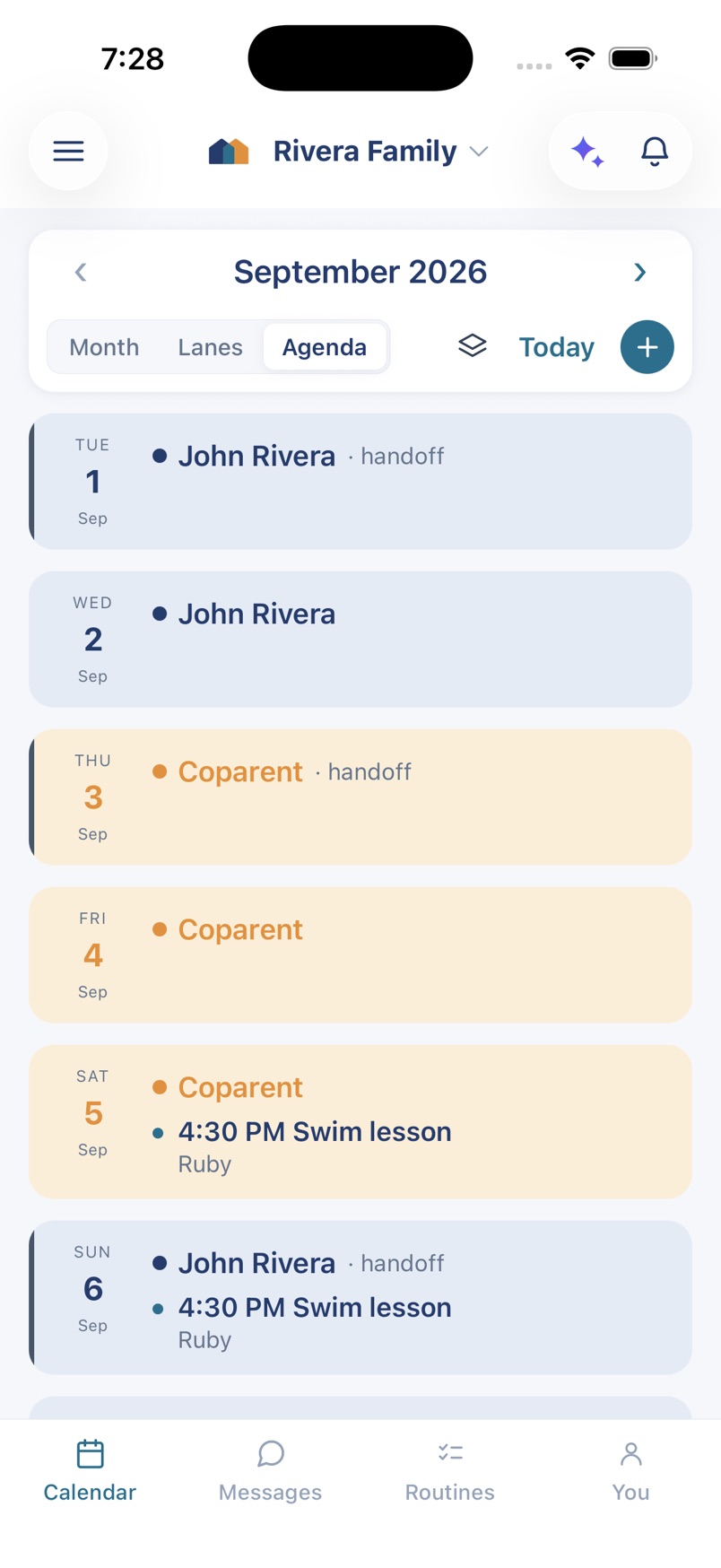 The agenda on an iPhone: each day banded by which home the children are in, with who has them and what is on