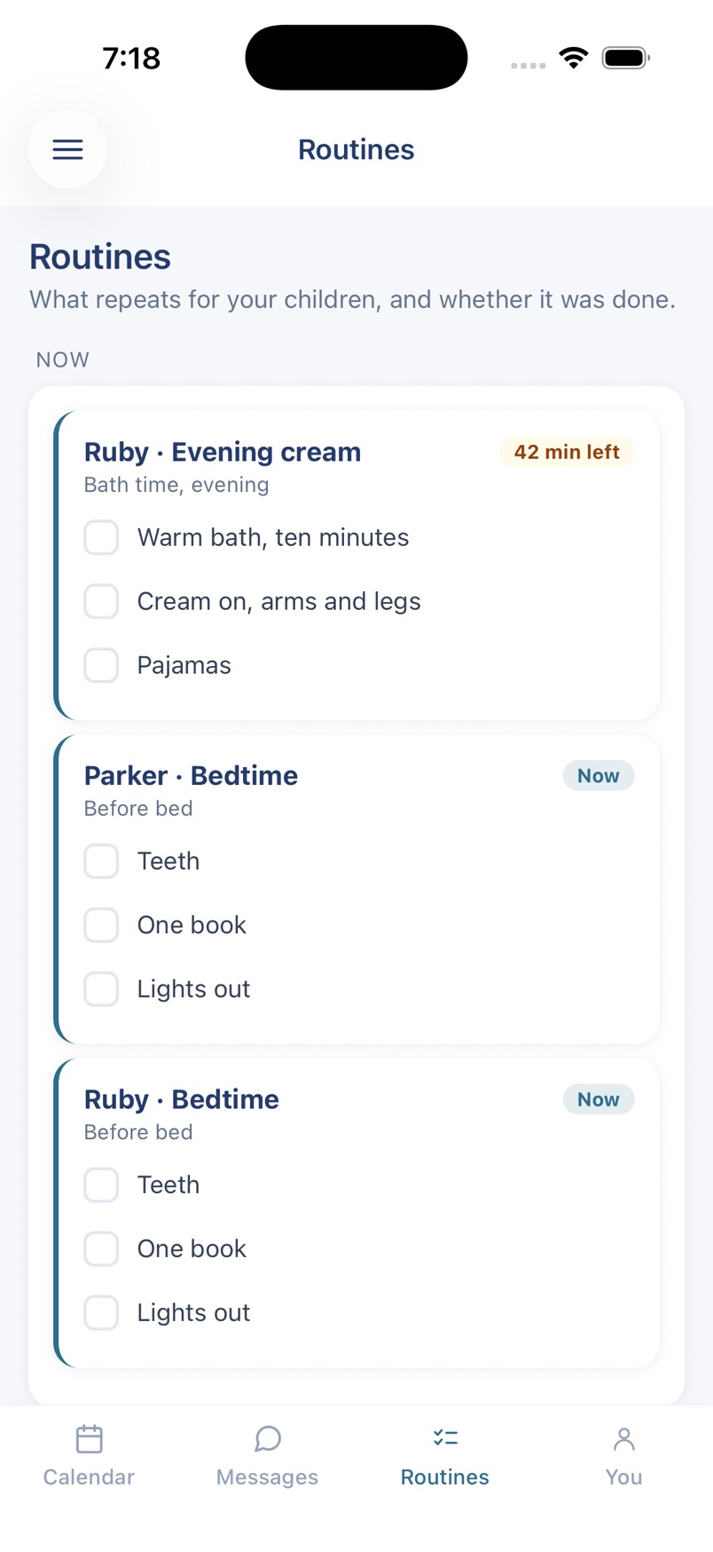 Tonight's routines on an iPhone, what is due now at the top, each step its own tick