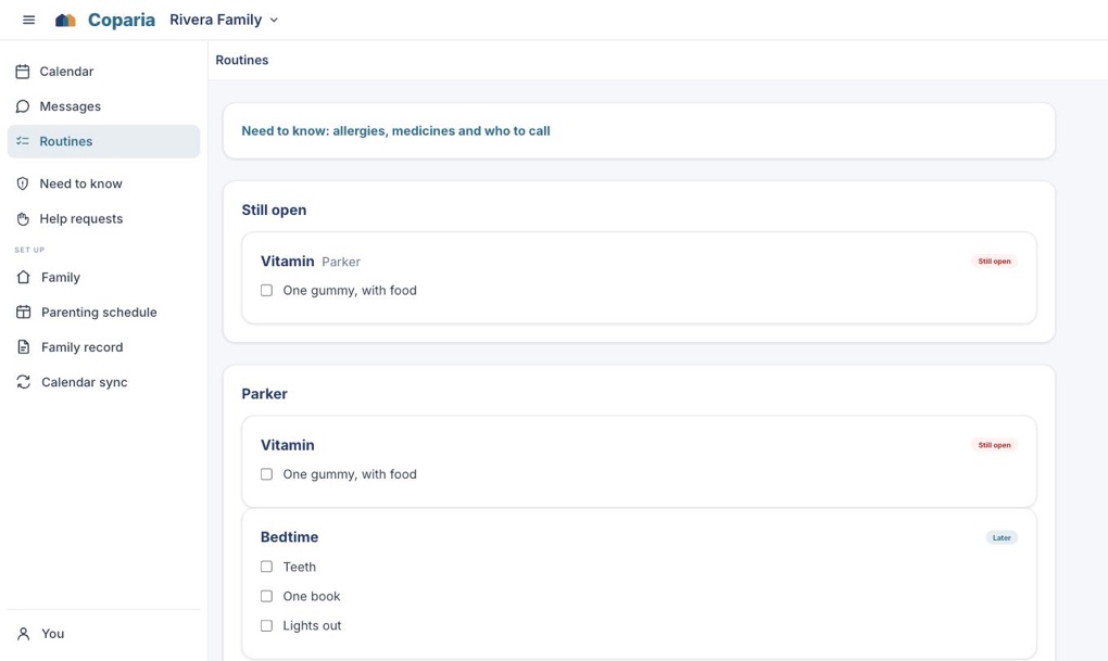 Today's routines for two children, each step ticked off separately