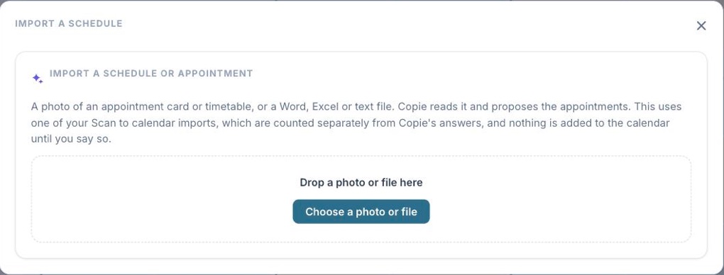 Importing a schedule: a panel offering to read a photo or file and propose the appointments it finds